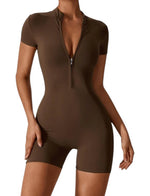 Women's Short Sleeve V-Neck Zip Front Jumpsuit