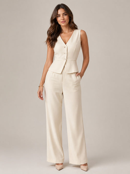 Women’s Sleeveless Button Front Vest Pants Suit