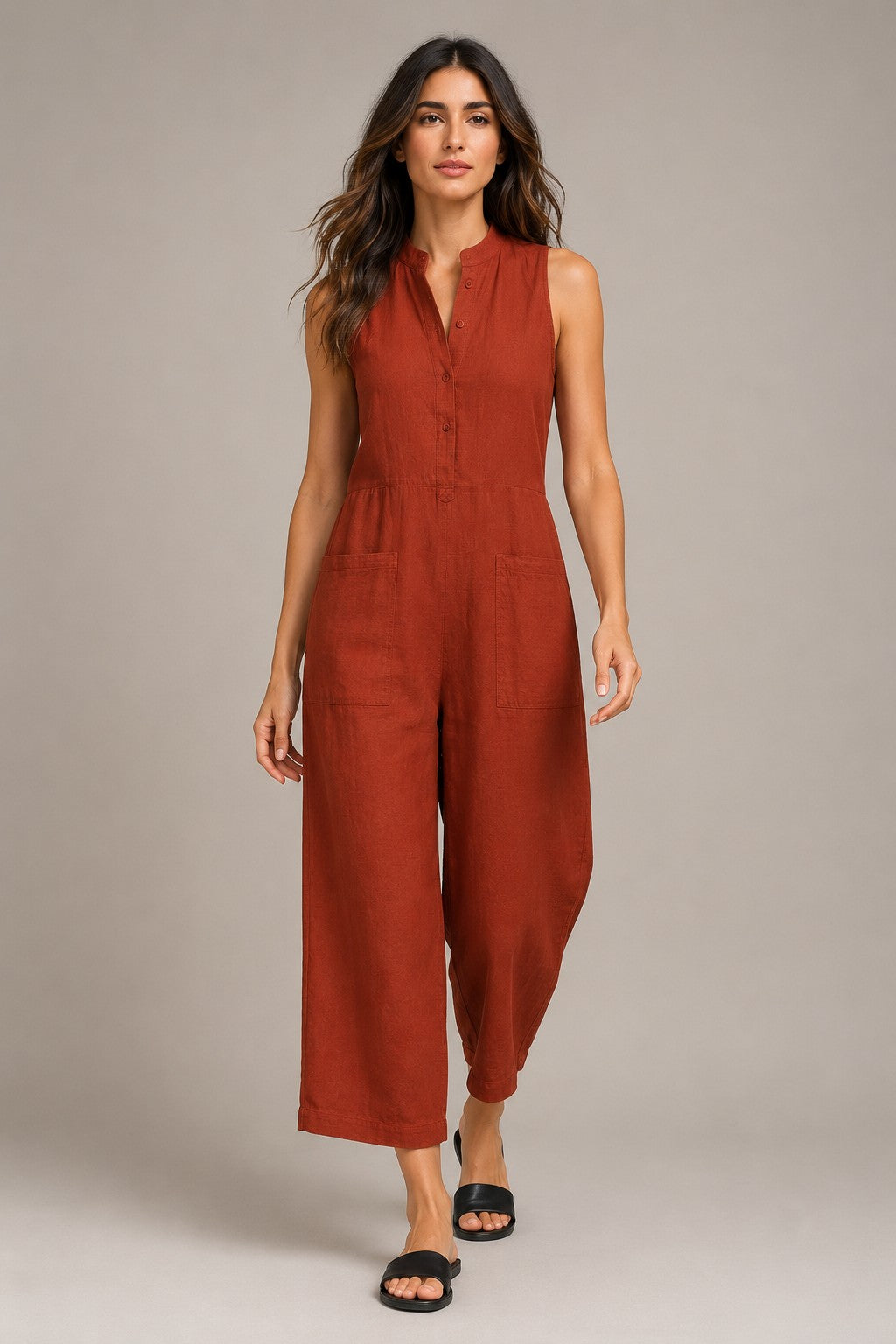 Women’s Sleeveless Button Placket Wide Leg Jumpsuit