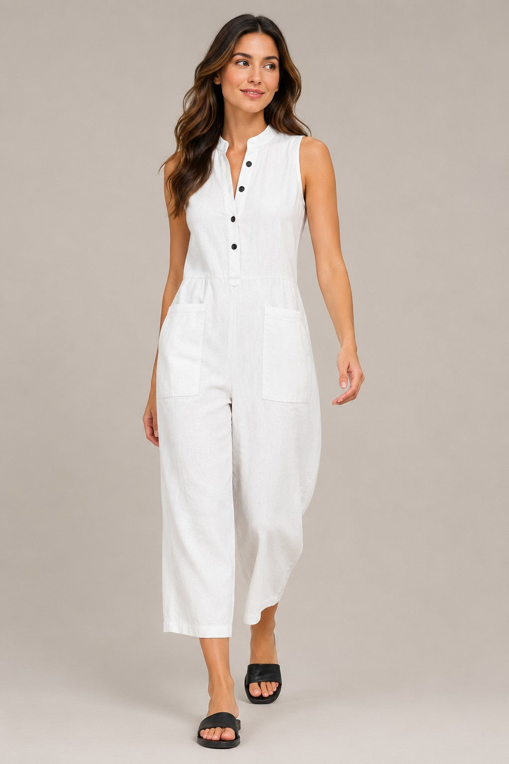 Women’s Sleeveless Button Placket Wide Leg Jumpsuit