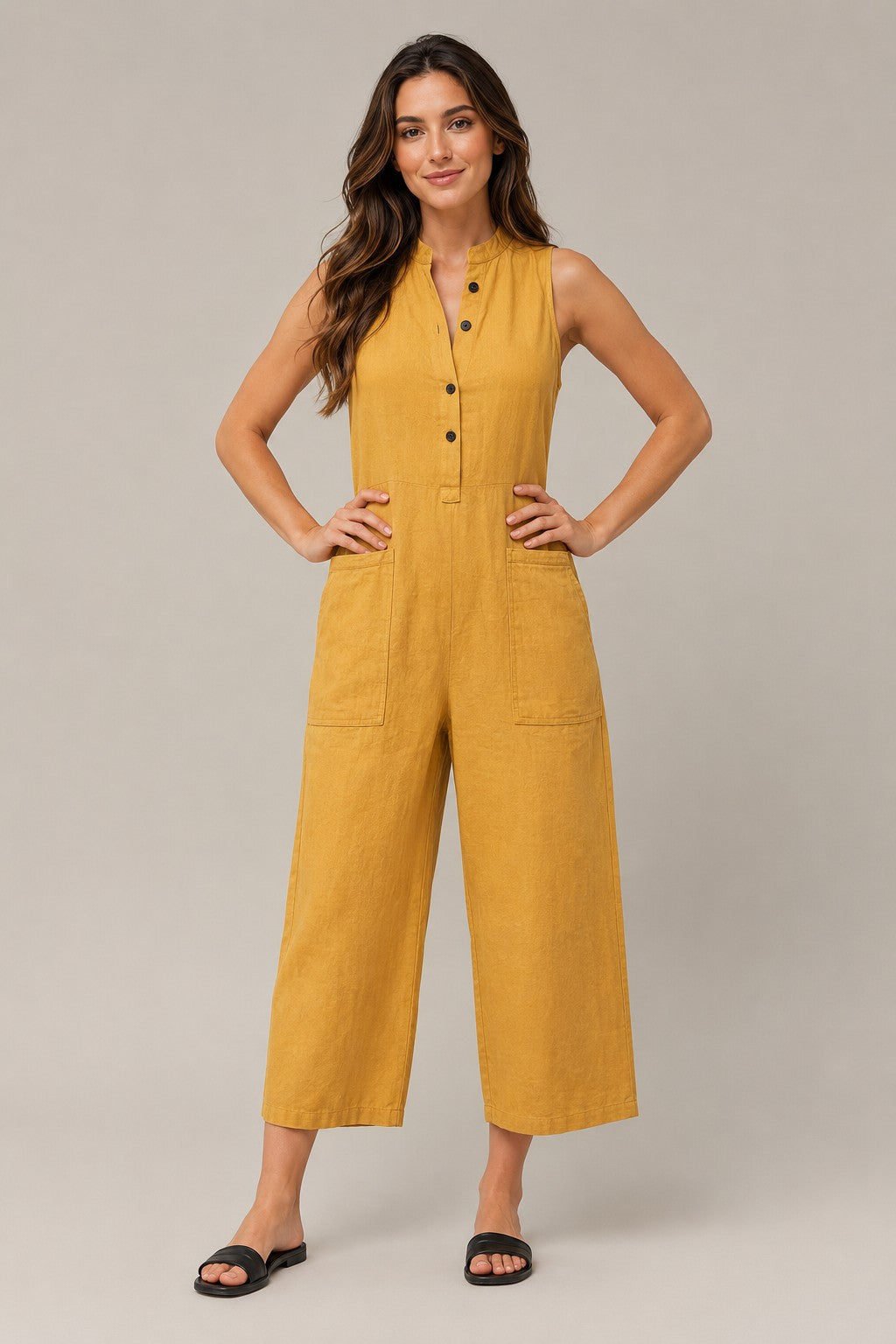 Women’s Sleeveless Button Placket Wide Leg Jumpsuit