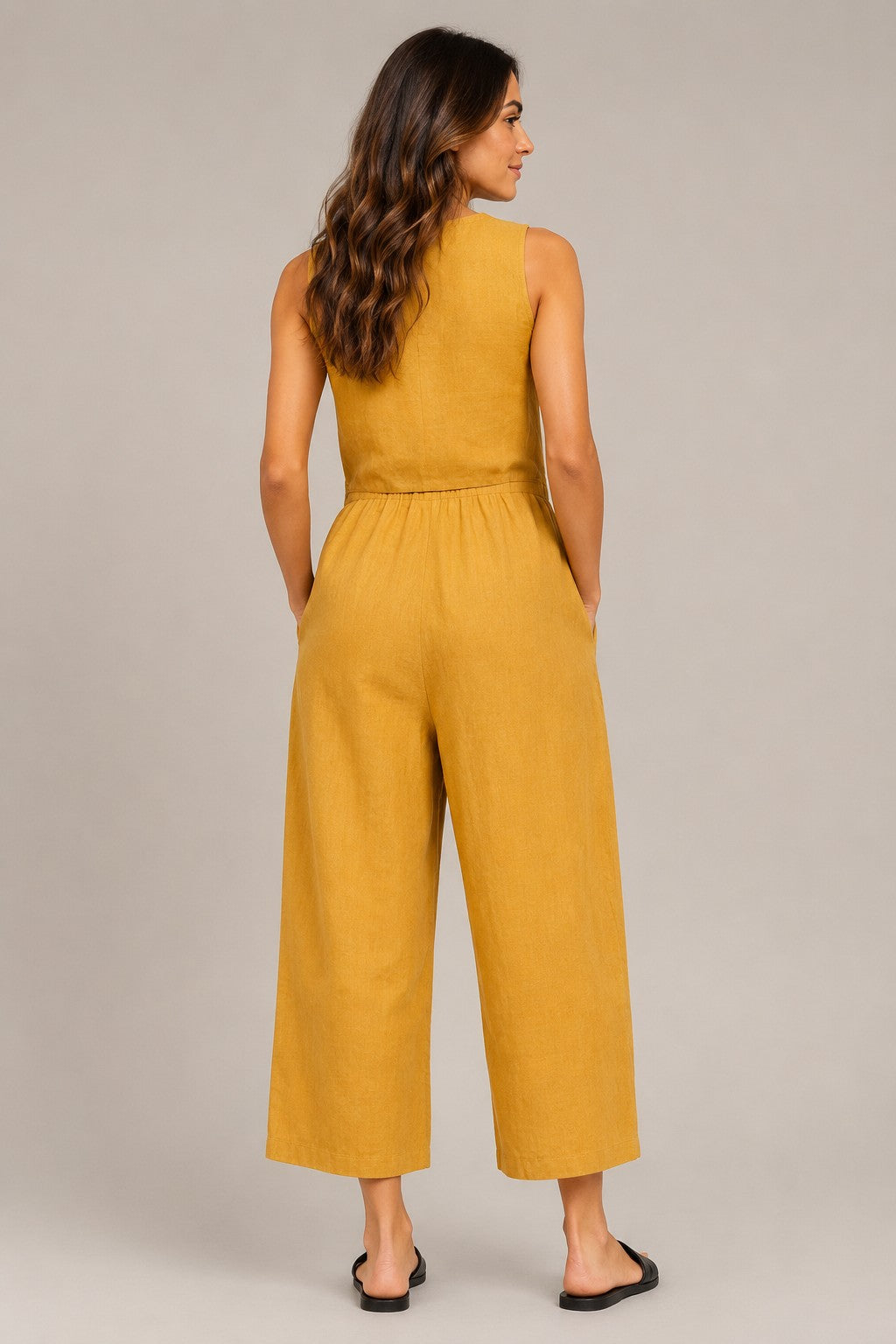 Women’s Sleeveless Button Placket Wide Leg Jumpsuit