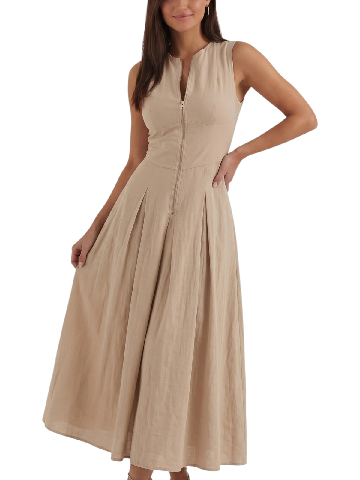 Women's Sleeveless Front Zip Midi Dress