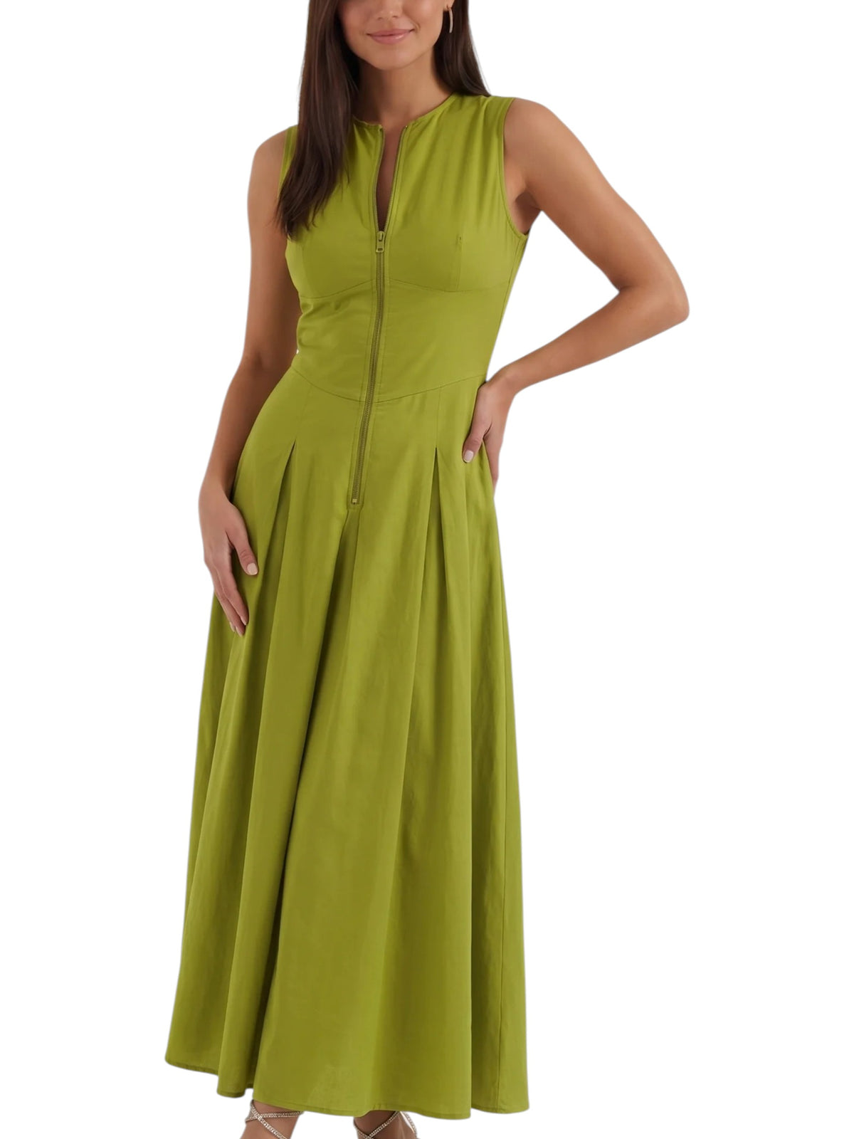 Women's Sleeveless Front Zip Midi Dress