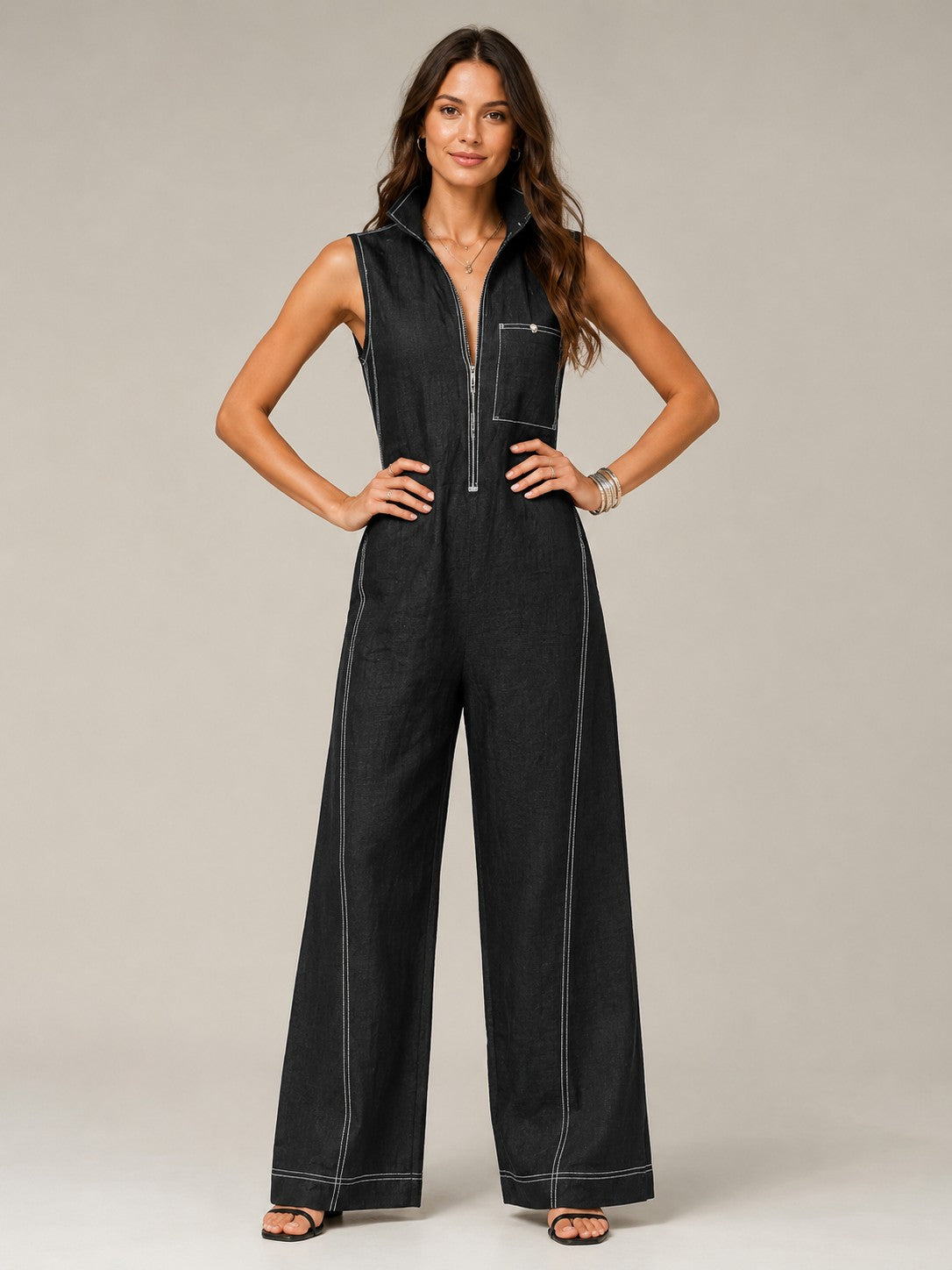 Women’s Sleeveless Front Zipper Wide Leg Jumpsuit
