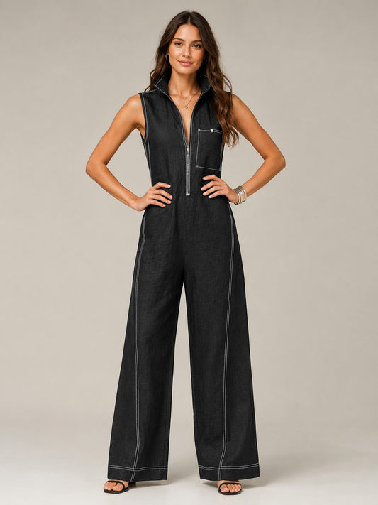 Women’s Sleeveless Front Zipper Wide Leg Jumpsuit