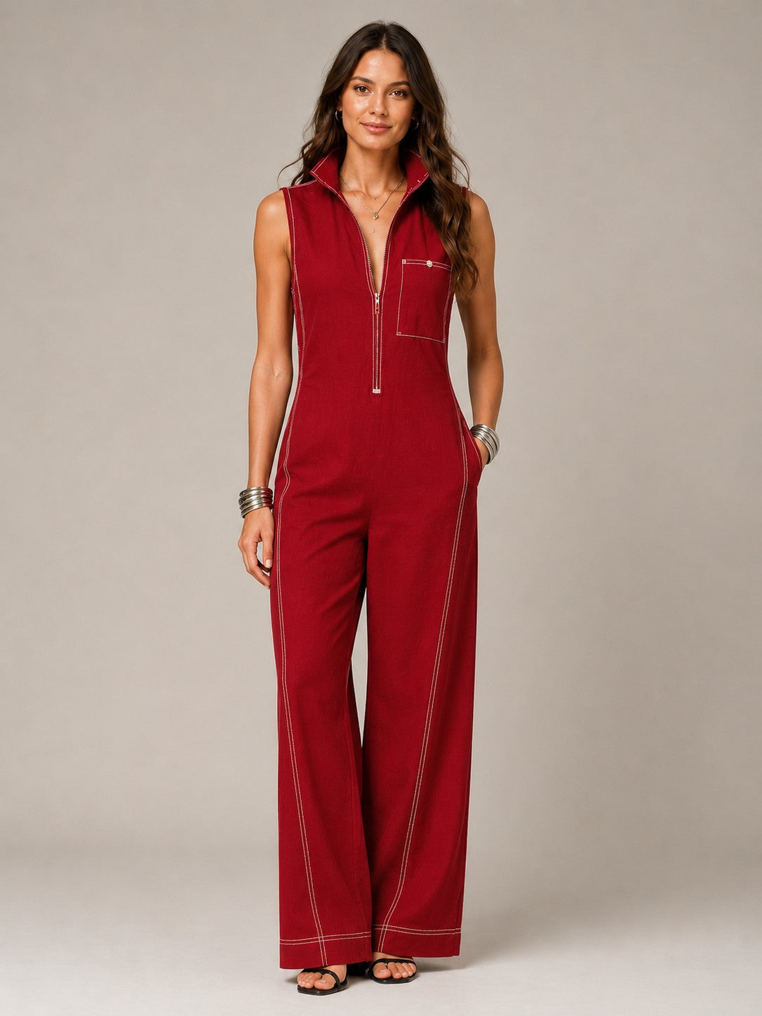 Women’s Sleeveless Front Zipper Wide Leg Jumpsuit