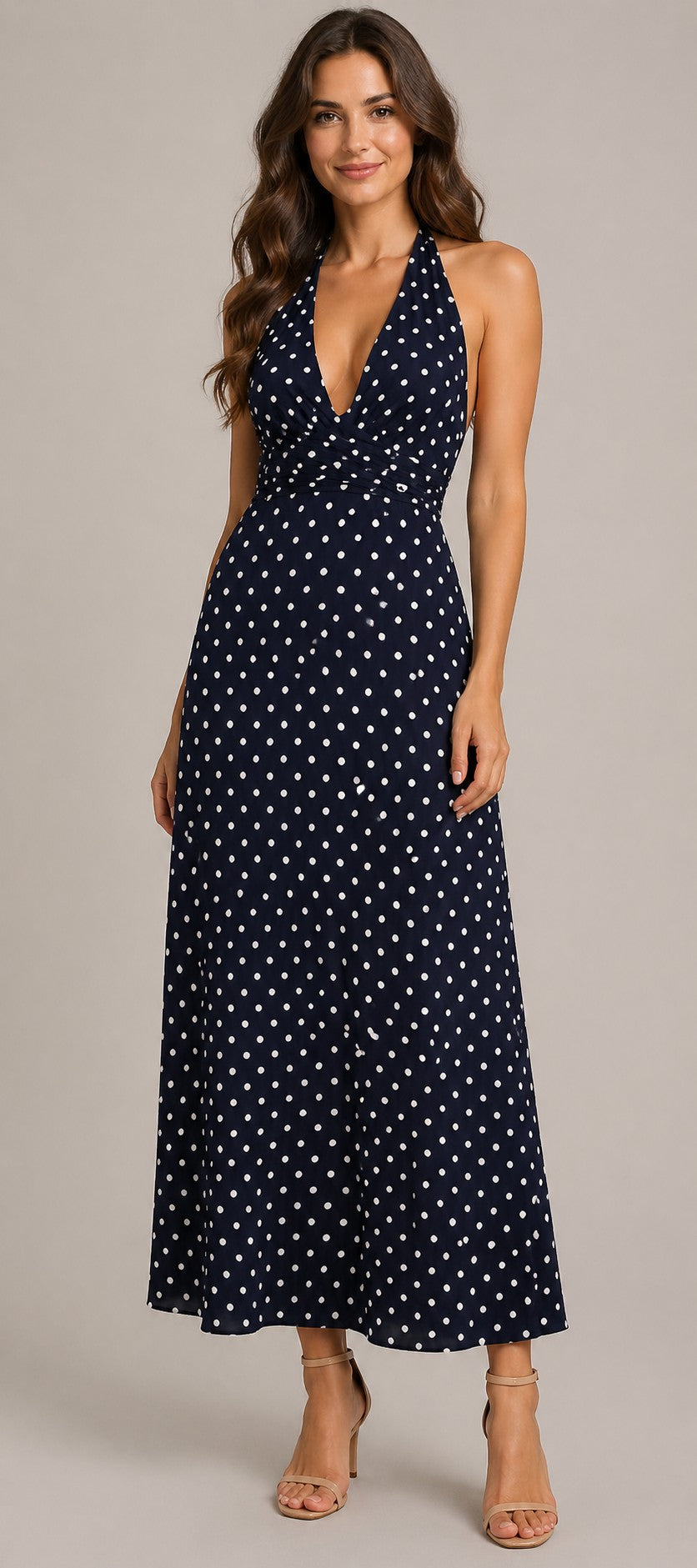 Women’s Sleeveless Halter Neck Polka Dot Maxi Dress