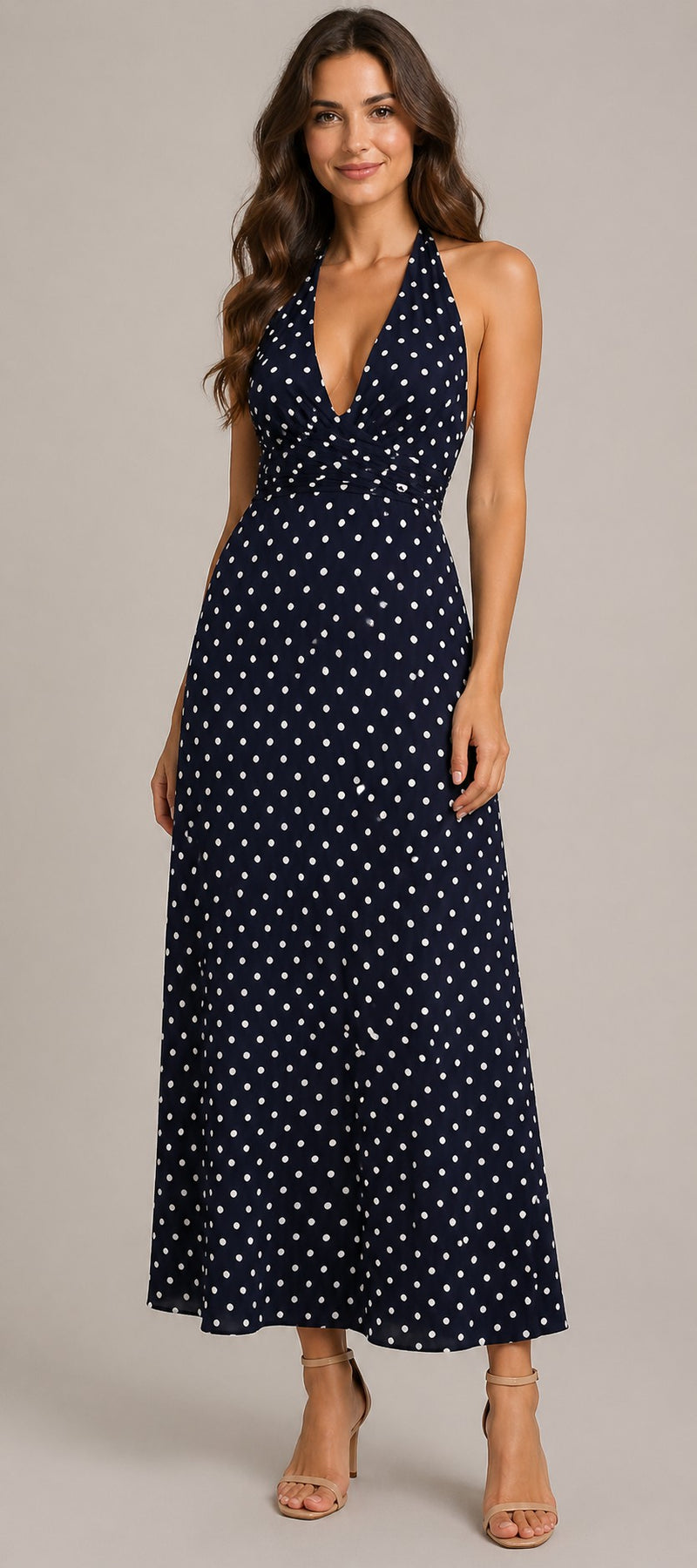 Women’s Sleeveless Halter Neck Polka Dot Maxi Dress