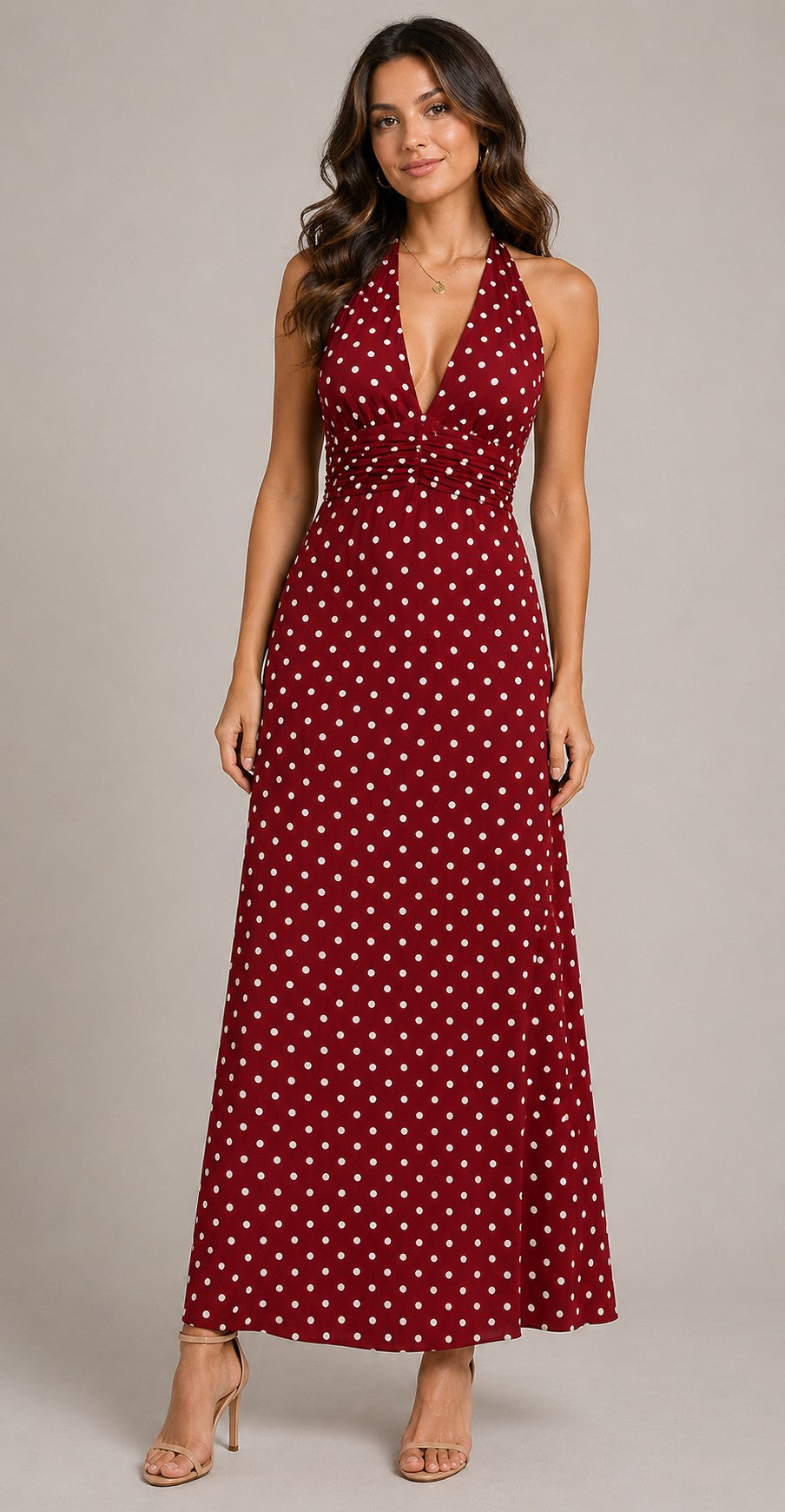 Women’s Sleeveless Halter Neck Polka Dot Maxi Dress