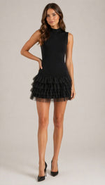 Women’s Sleeveless High Neck Layered Ruffle Mini Dress