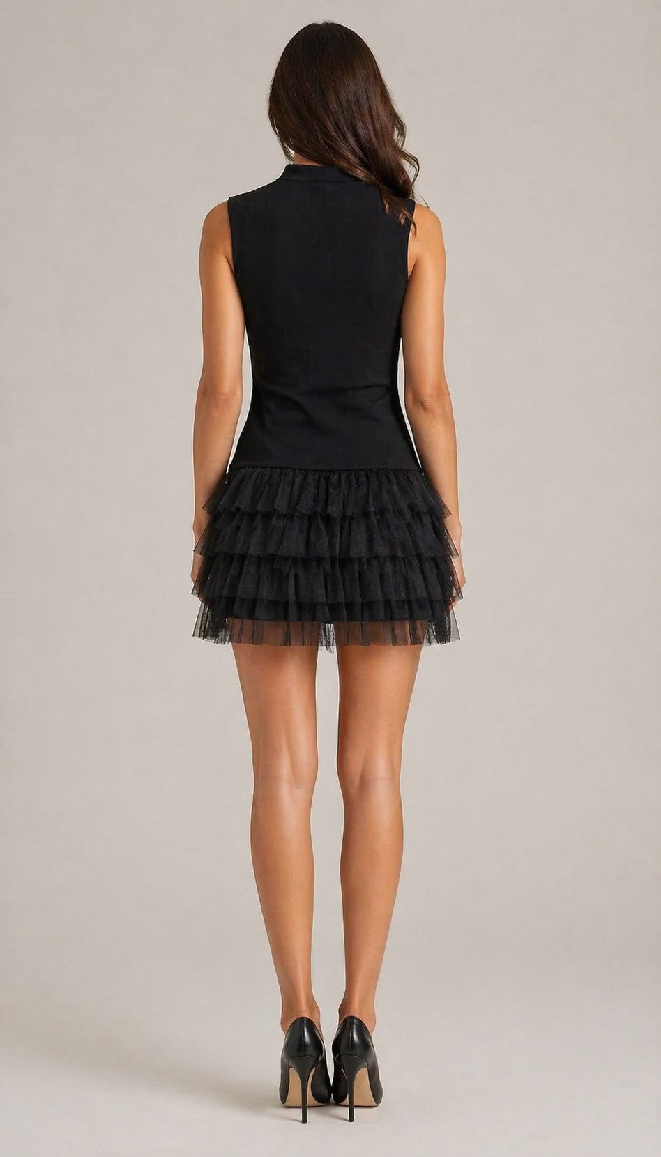 Women’s Sleeveless High Neck Layered Ruffle Mini Dress