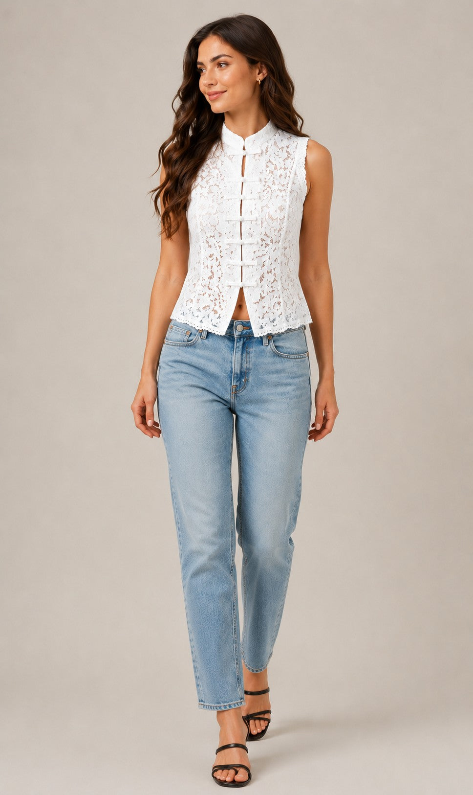 Women's Sleeveless Lace Mandarin Collar Top