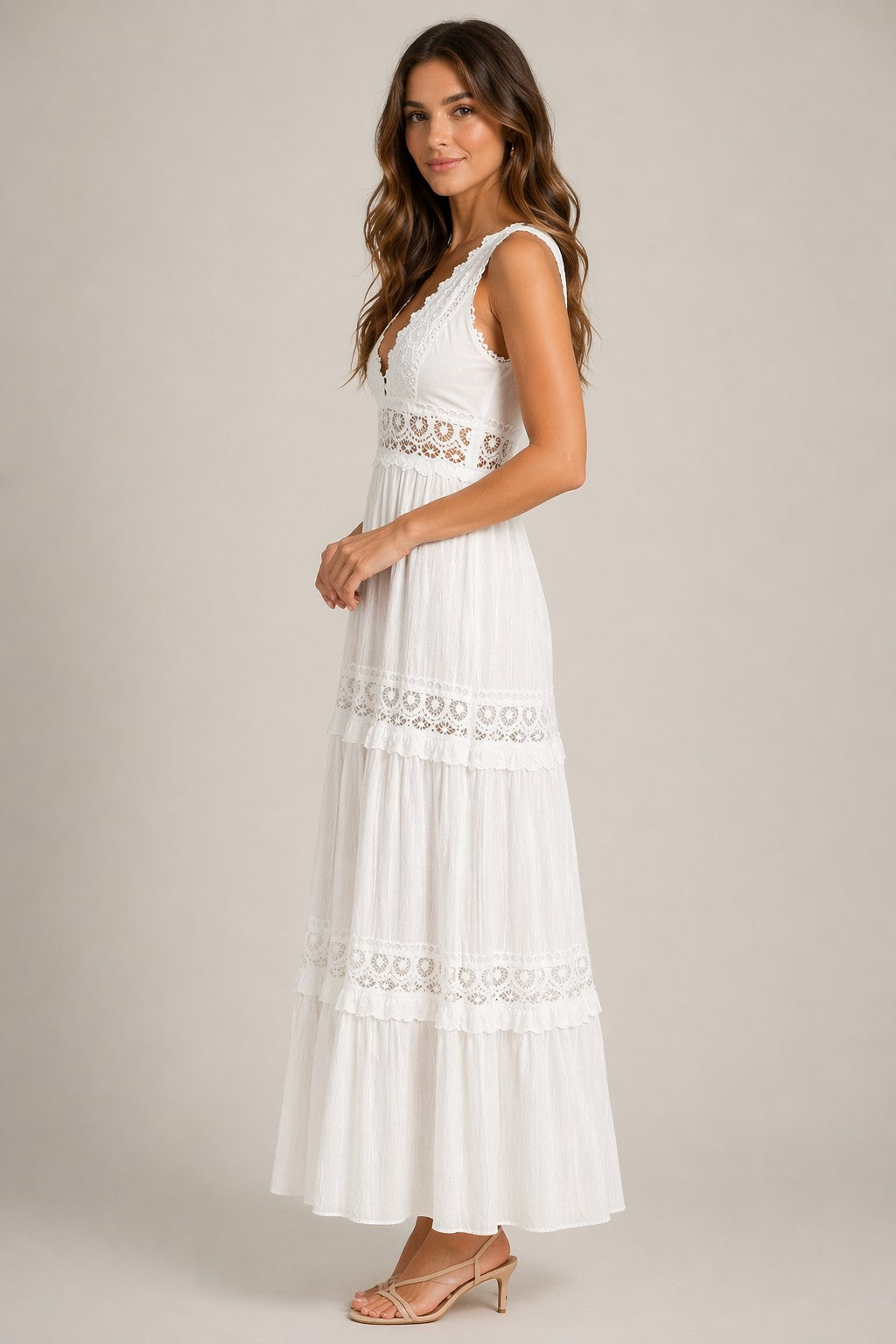 Women’s Sleeveless Lace Trim Tiered Maxi Dress