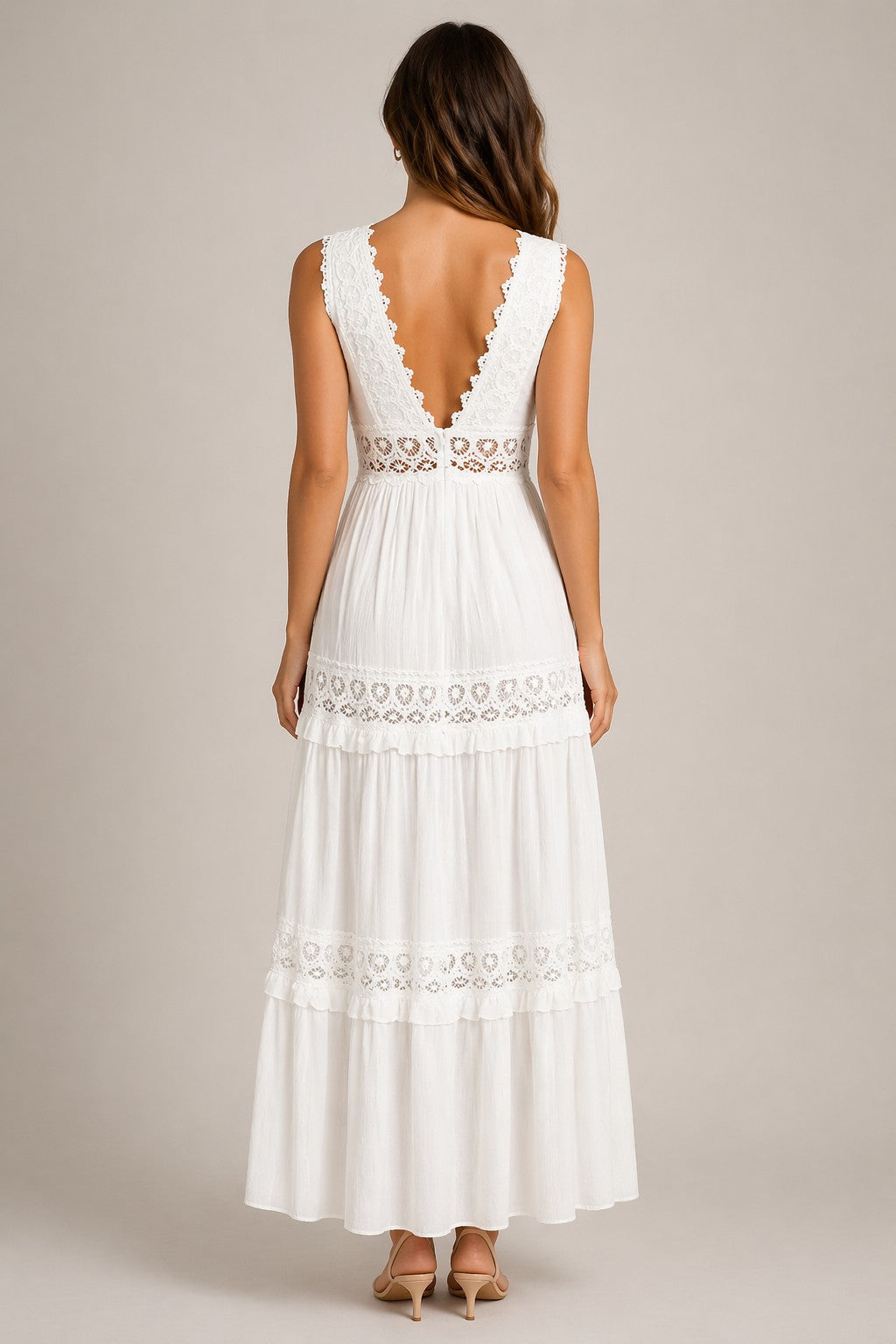 Women’s Sleeveless Lace Trim Tiered Maxi Dress