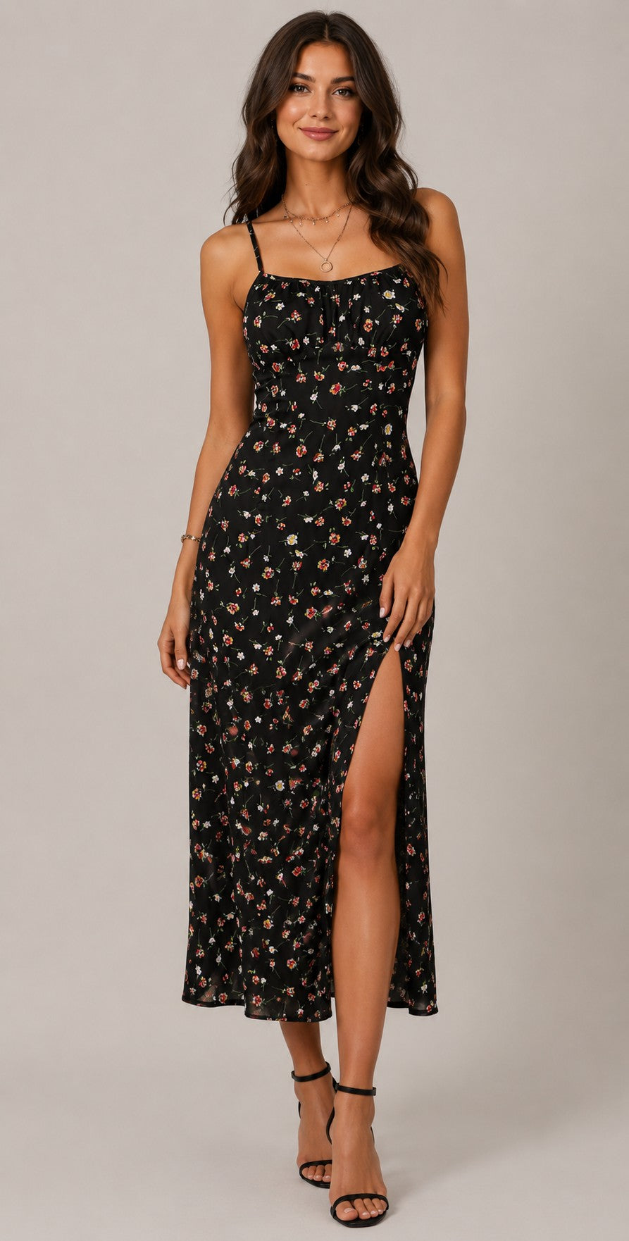 Women's Sleeveless Side Slit Floral Print Midi Dress