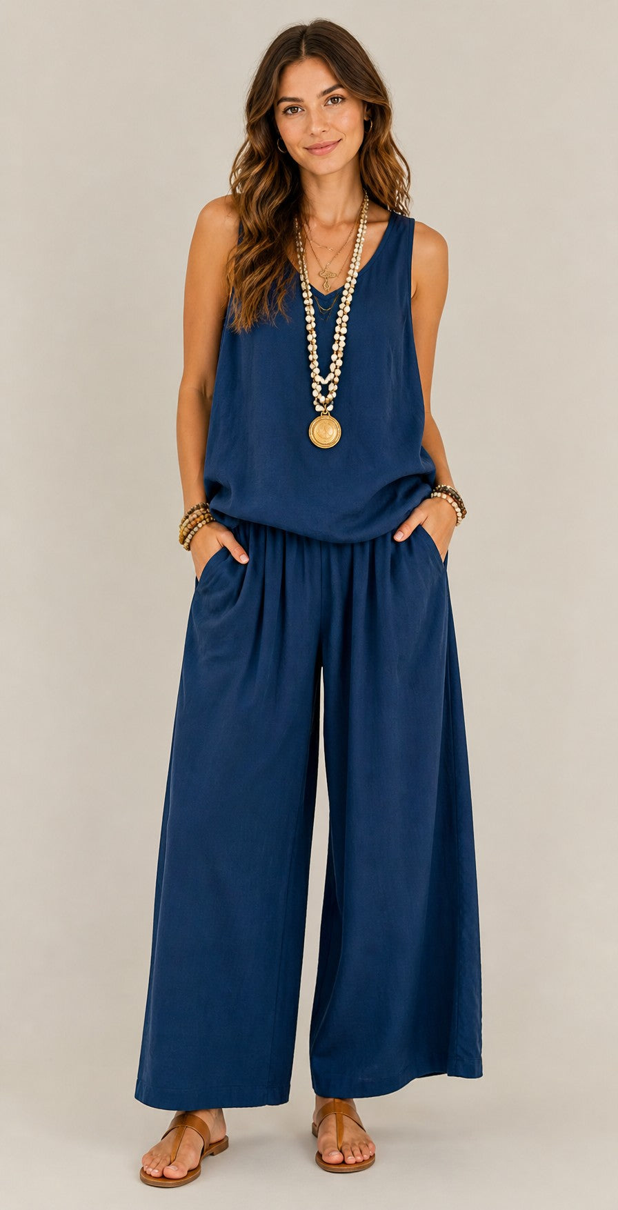Women's Sleeveless Top Wide-Leg Cotton-Linen Set