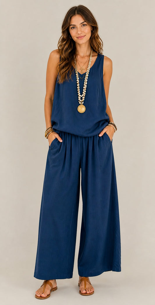 Women's Sleeveless Top Wide-Leg Cotton-Linen Set