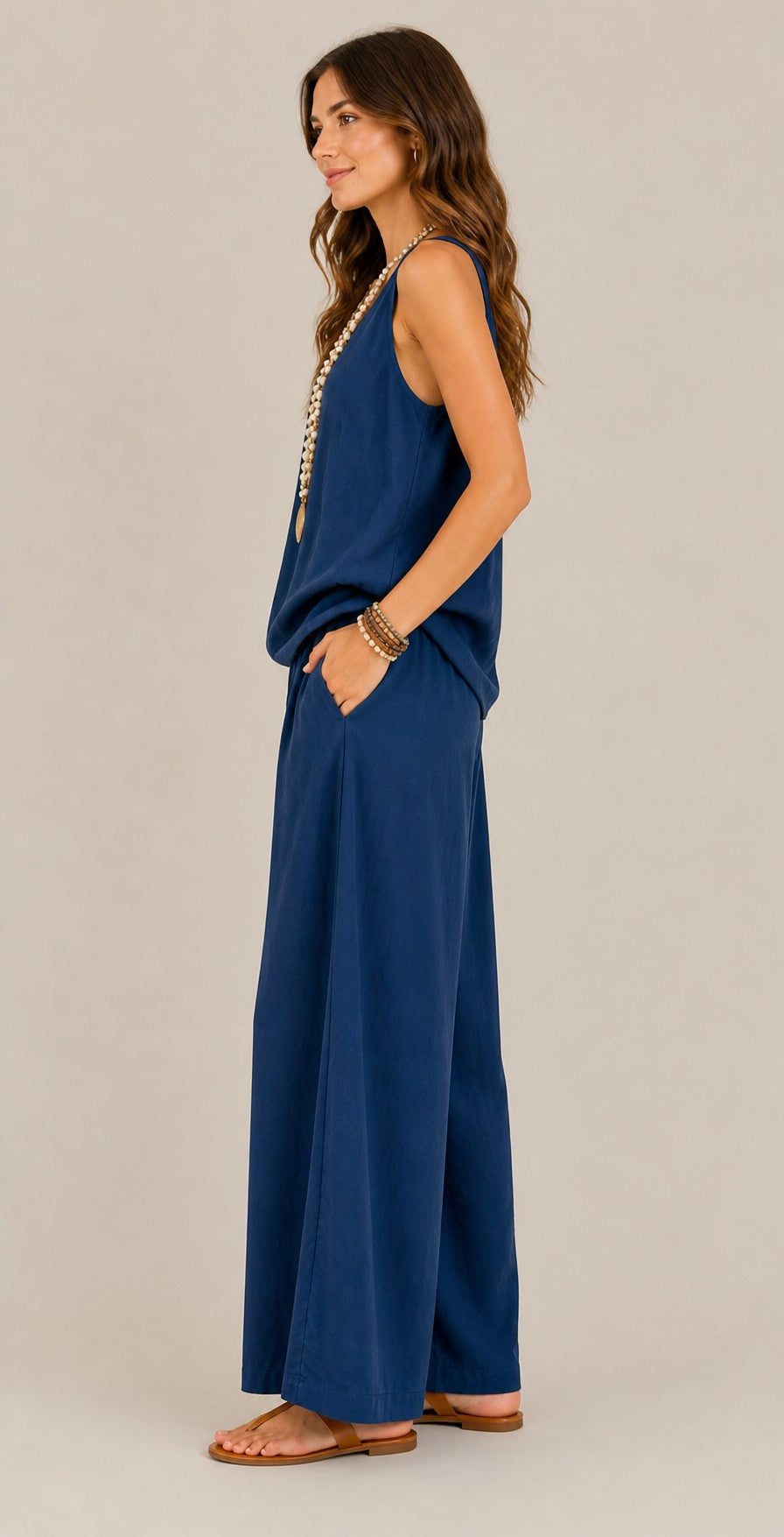 Women's Sleeveless Top Wide-Leg Cotton-Linen Set