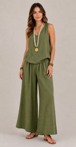 Women's Sleeveless Top Wide-Leg Cotton-Linen Set