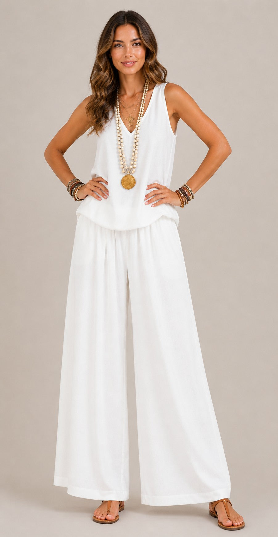 Women's Sleeveless Top Wide-Leg Cotton-Linen Set