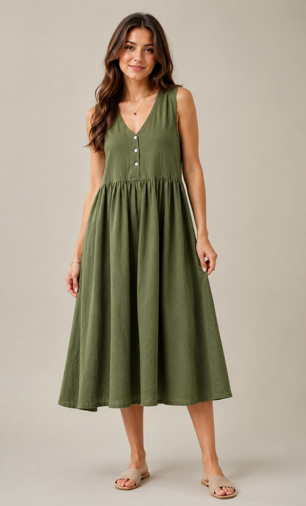 Women's Sleeveless V-Neck Button Front Midi Dress