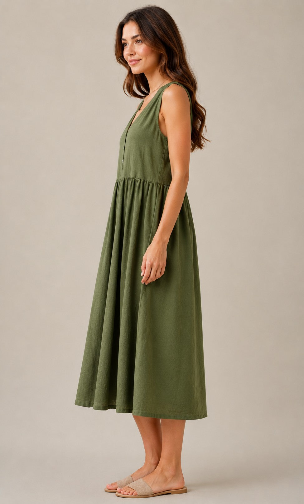 Women's Sleeveless V-Neck Button Front Midi Dress