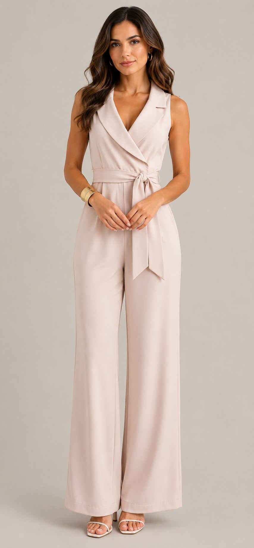 Women's Sleeveless Waist Belt Wide Leg Jumpsuit