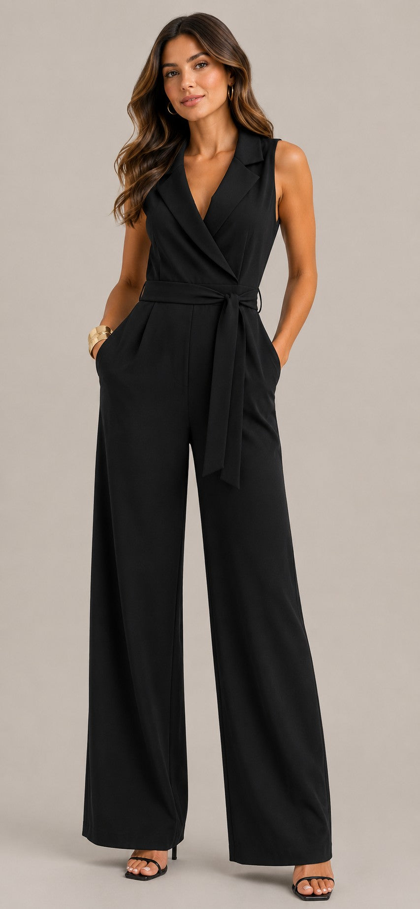 Women's Sleeveless Waist Belt Wide Leg Jumpsuit