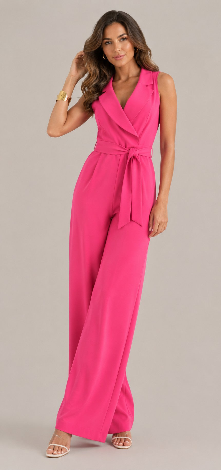 Women's Sleeveless Waist Belt Wide Leg Jumpsuit