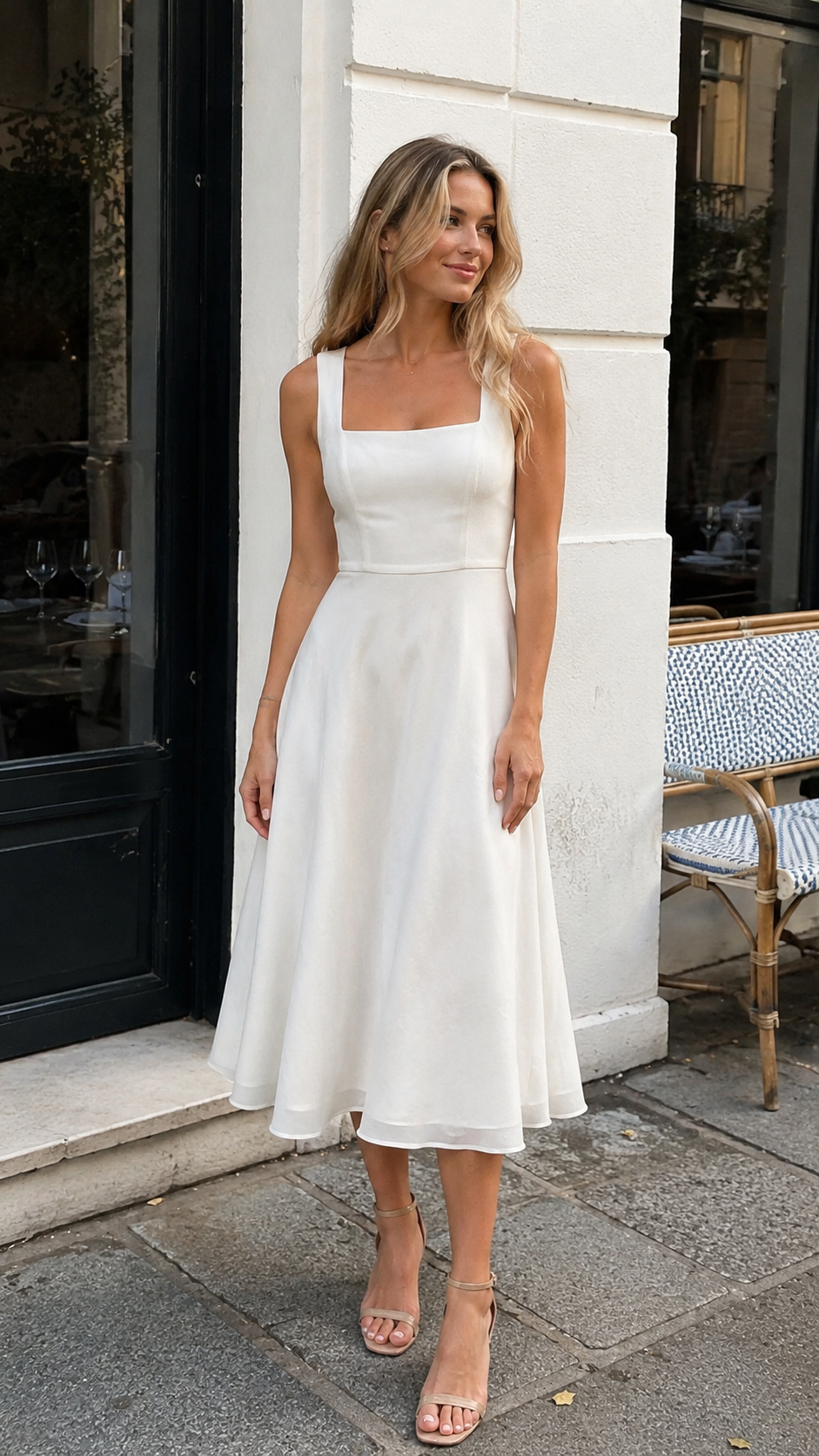 Women’s Square Neck Sleeveless Midi Wedding Dress