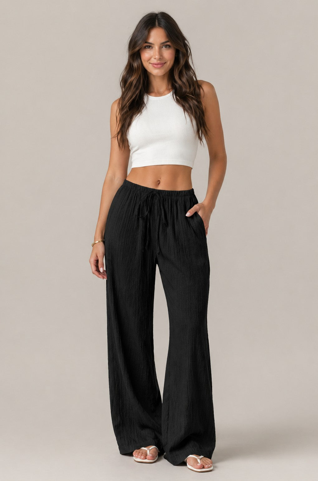 Women’s Textured Drawstring Wide Leg Pants