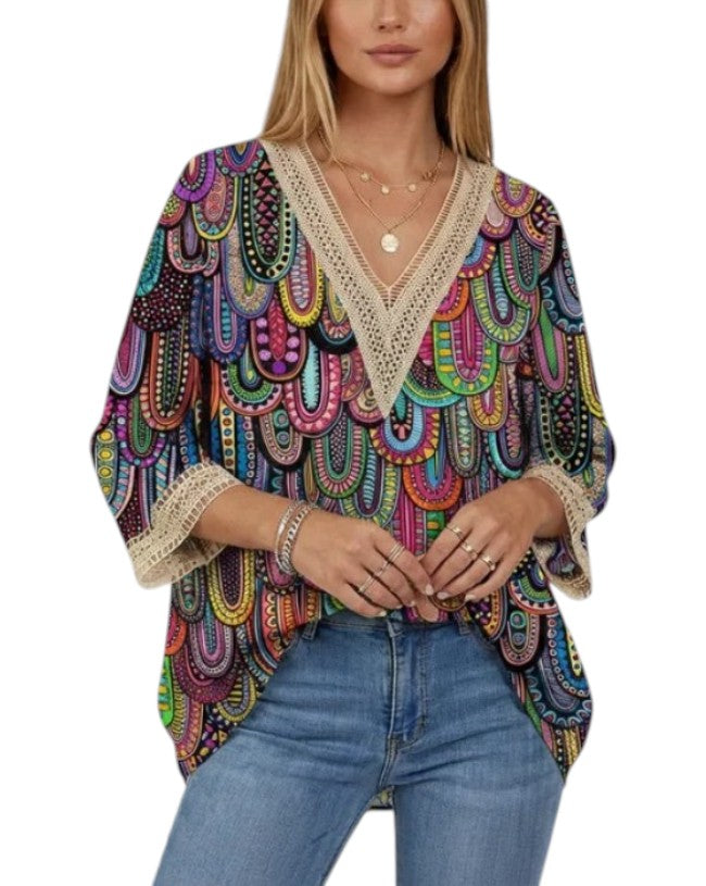 Women's Three-Quarter Sleeve V-Neck Lace Trim Blouse