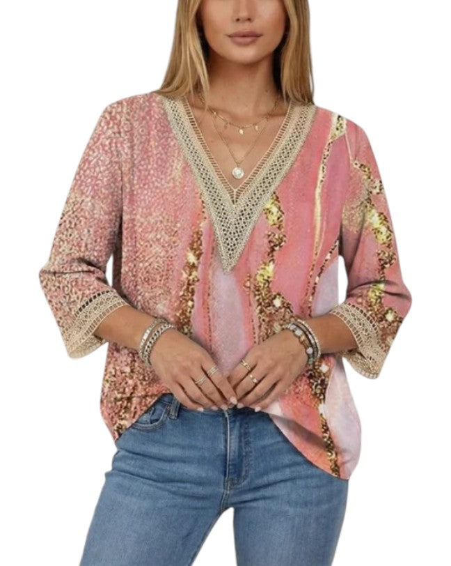 Women's Three-Quarter Sleeve V-Neck Lace Trim Blouse