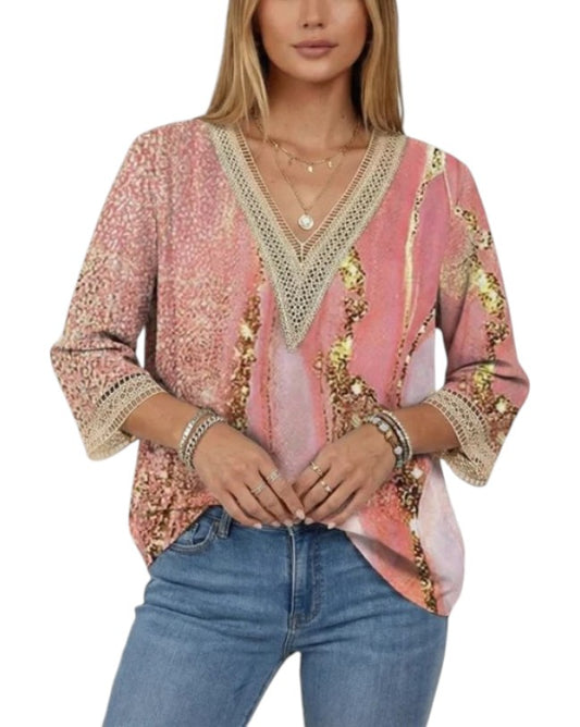 Women's Three-Quarter Sleeve V-Neck Lace Trim Blouse