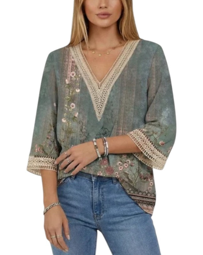 Women's Three-Quarter Sleeve V-Neck Lace Trim Blouse
