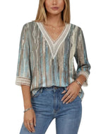 Women's Three-Quarter Sleeve V-Neck Lace Trim Blouse