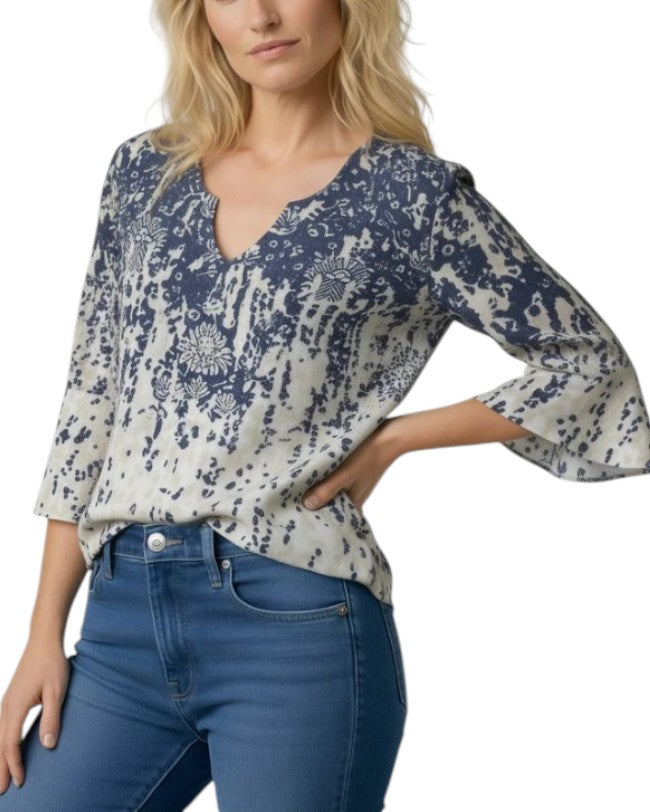 Women's Three-Quarter Sleeve V-Neck Printed Blouse
