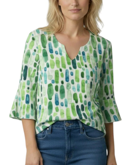 Women's Three-Quarter Sleeve V-Neck Printed Blouse