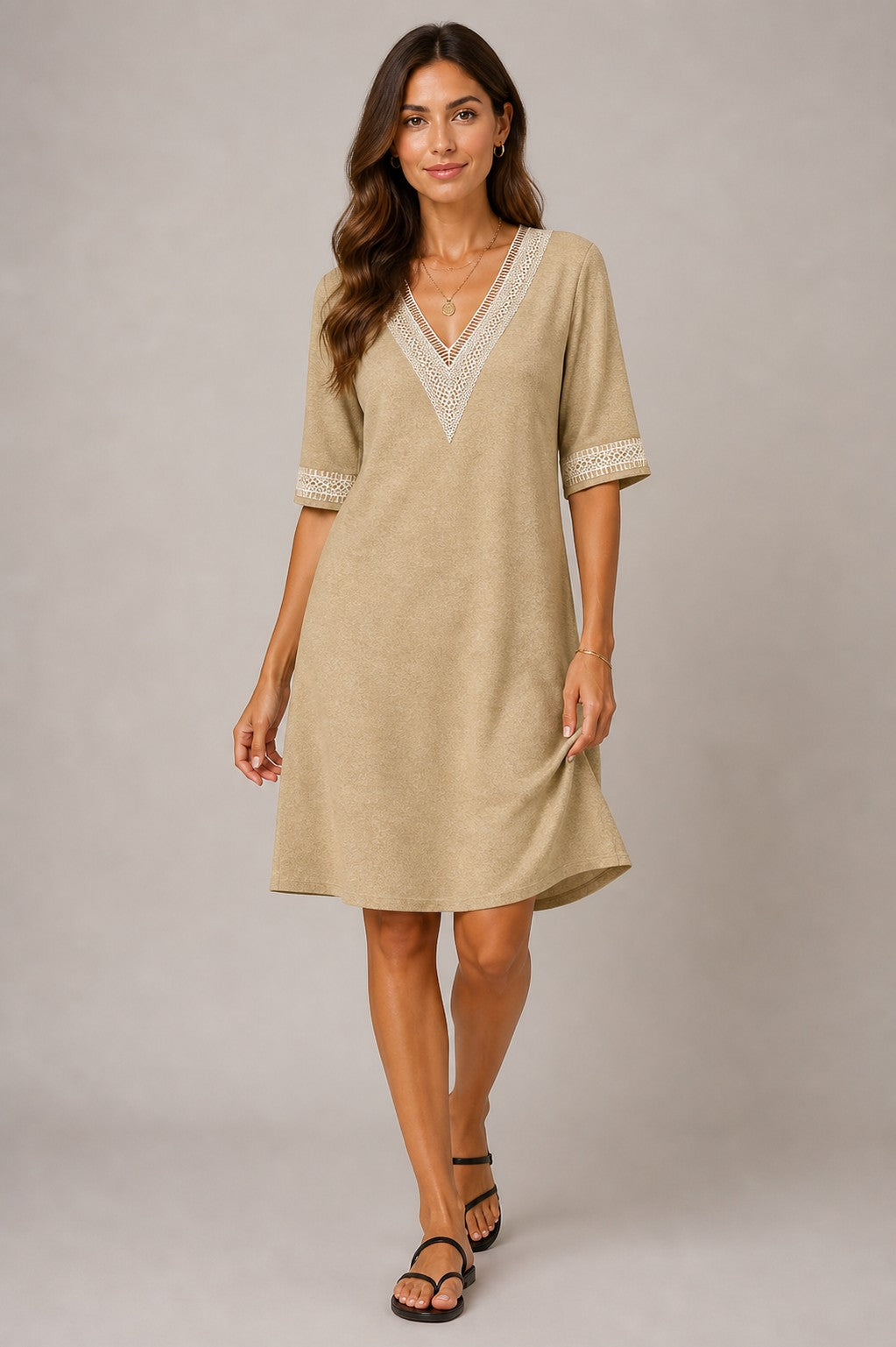 Women's V-Neck Lace Trim Short Sleeve Dress