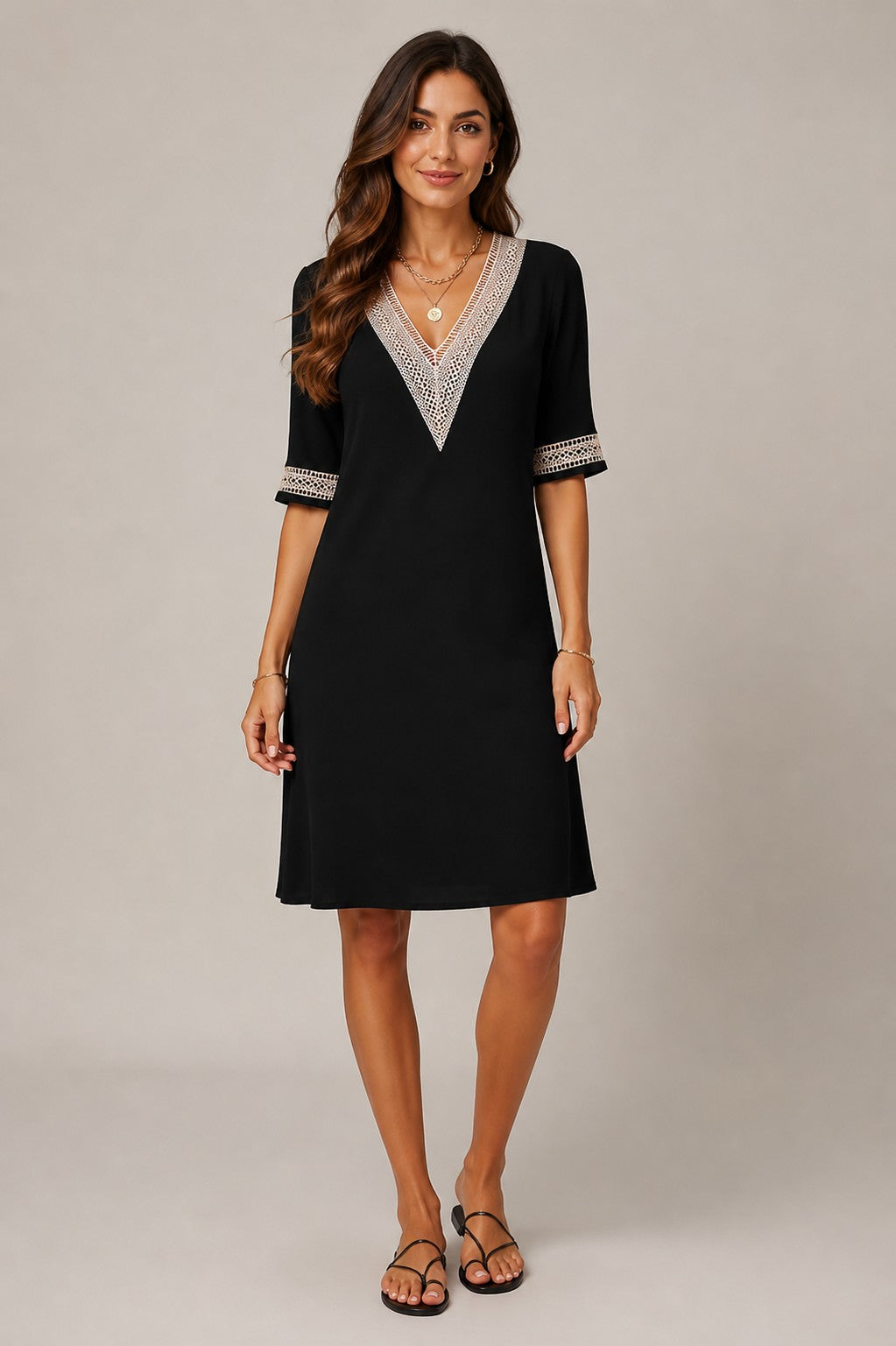 Women's V-Neck Lace Trim Short Sleeve Dress