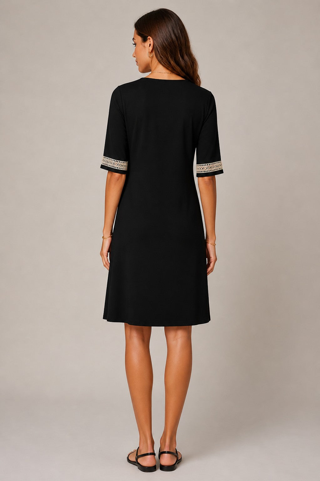 Women's V-Neck Lace Trim Short Sleeve Dress