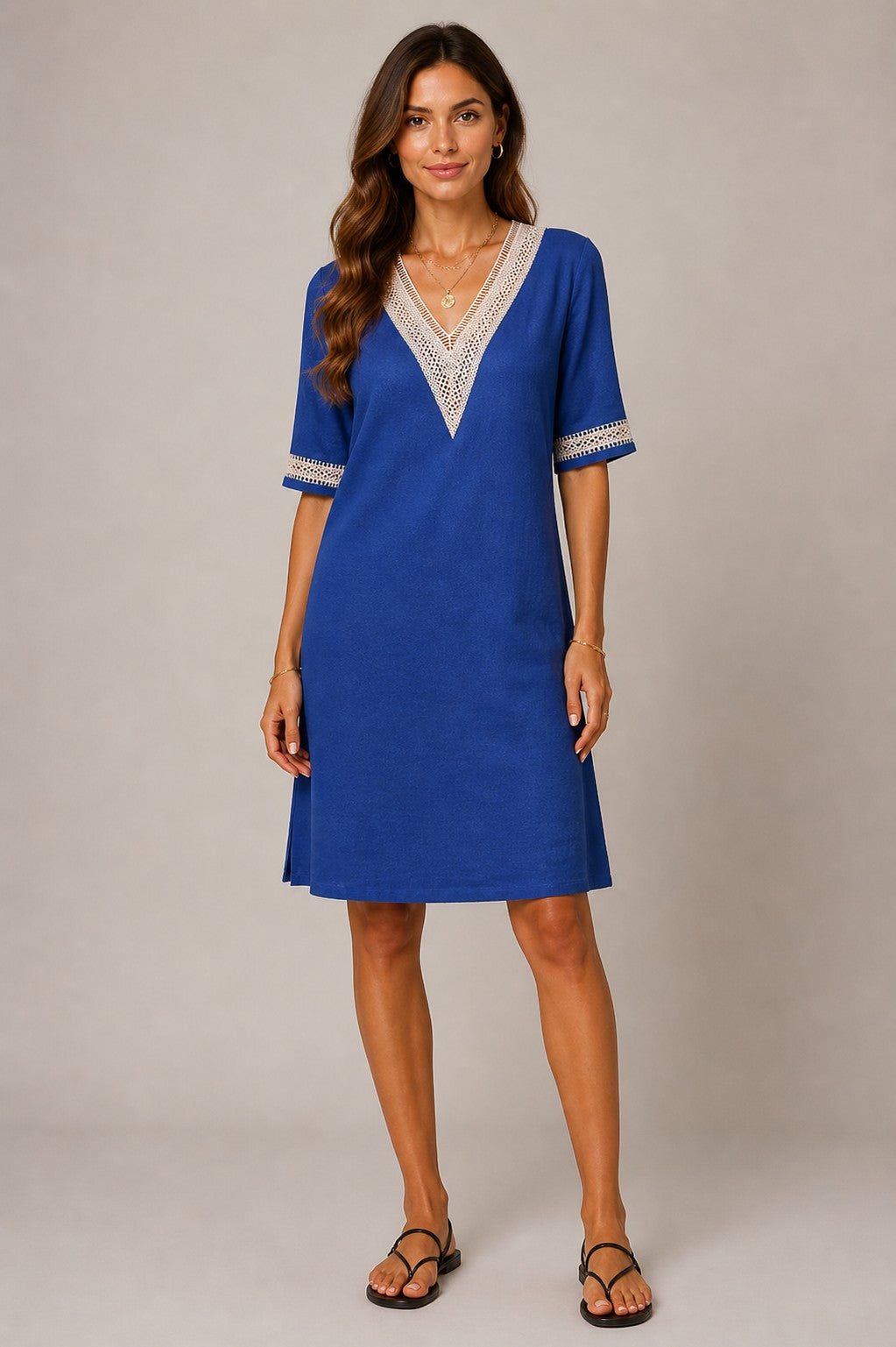 Women's V-Neck Lace Trim Short Sleeve Dress