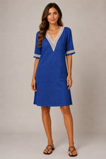Women's V-Neck Lace Trim Short Sleeve Dress