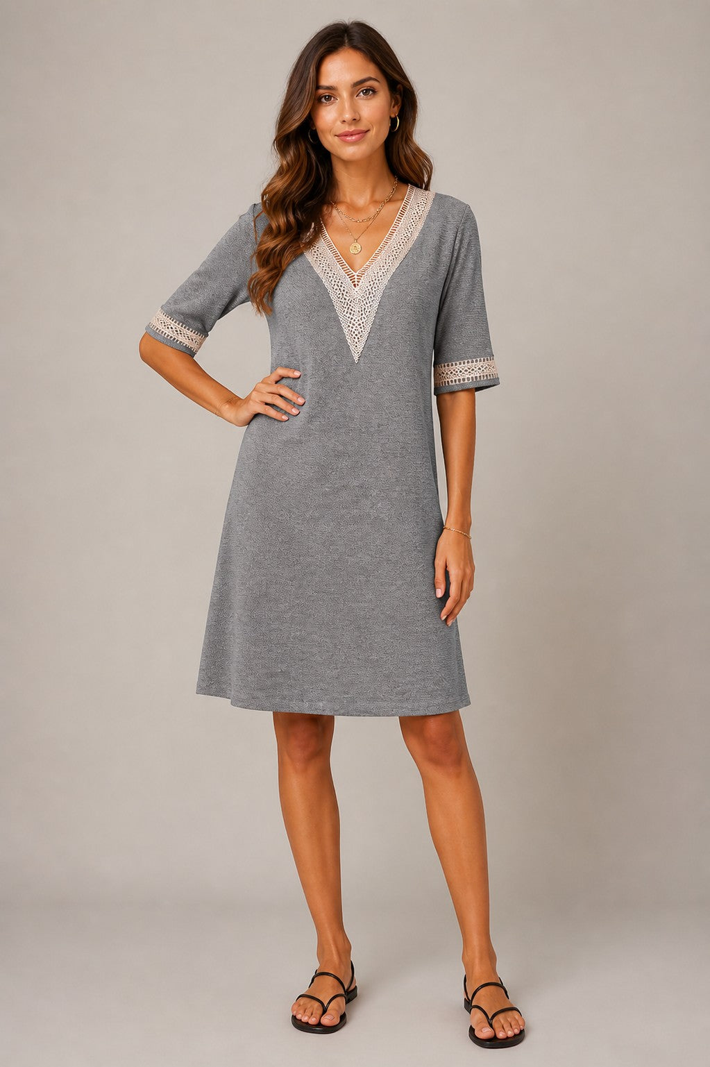 Women's V-Neck Lace Trim Short Sleeve Dress
