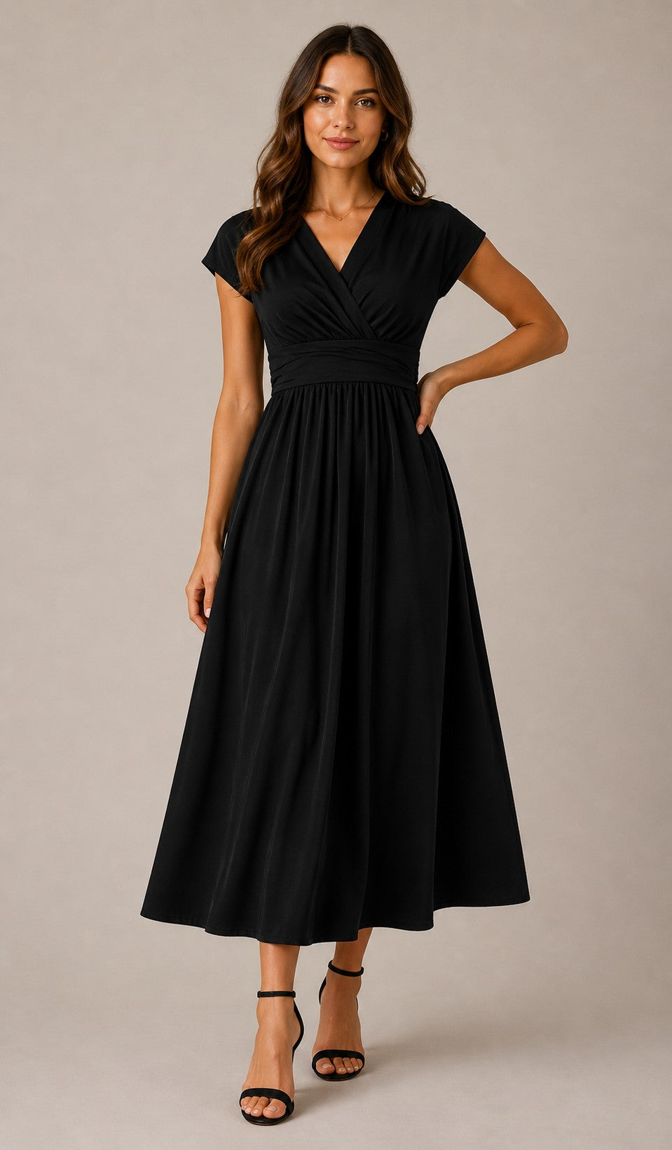 Women's V-Neck Short Sleeve Lace-Up Midi Dress