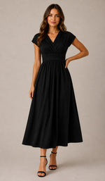 Women's V-Neck Short Sleeve Lace-Up Midi Dress