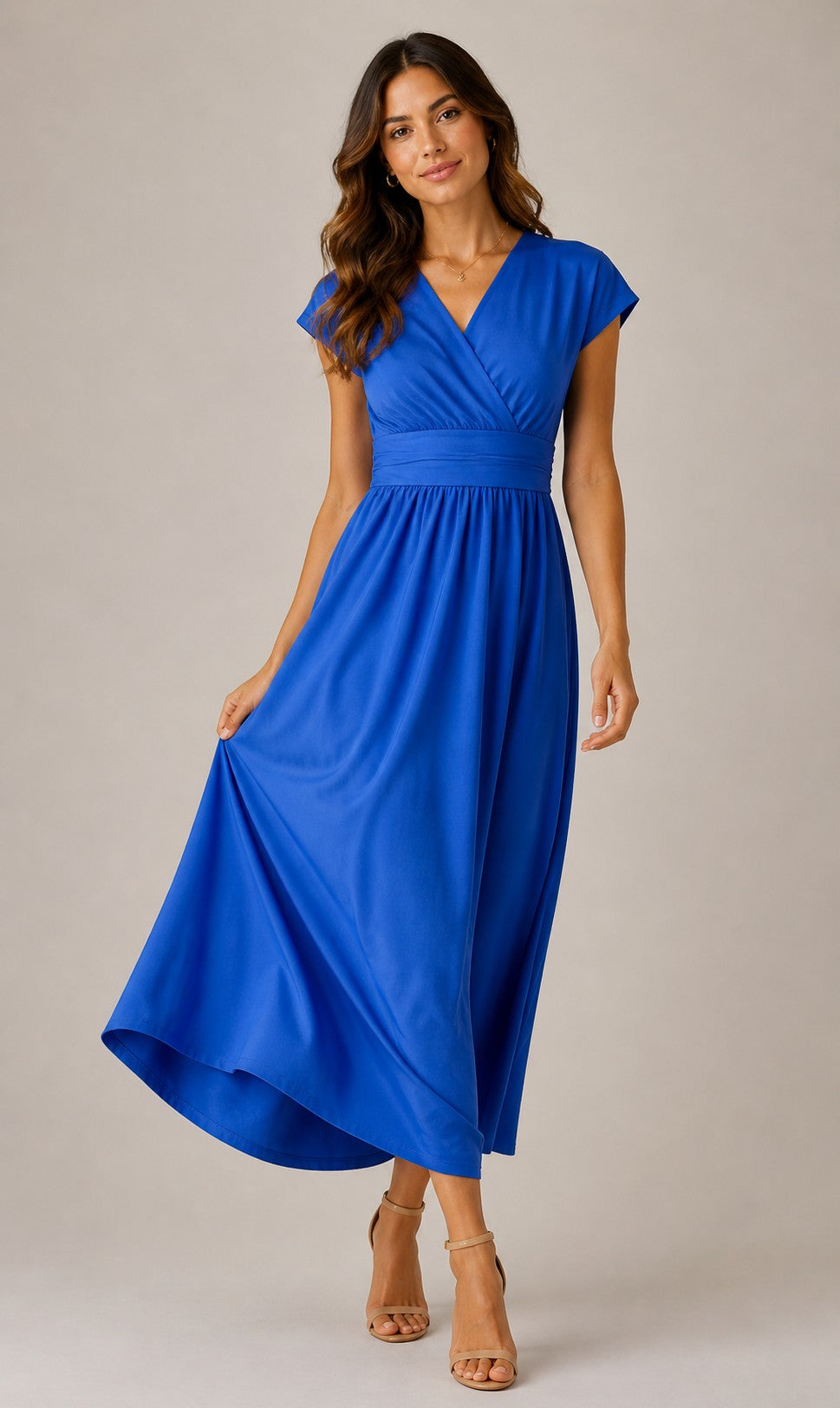 Women's V-Neck Short Sleeve Lace-Up Midi Dress