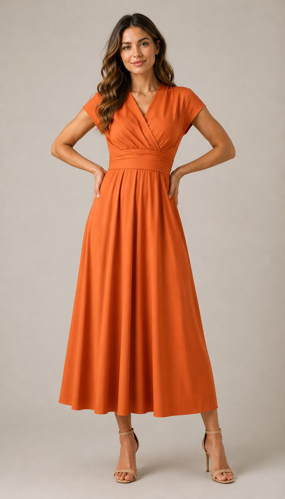 Women's V-Neck Short Sleeve Lace-Up Midi Dress