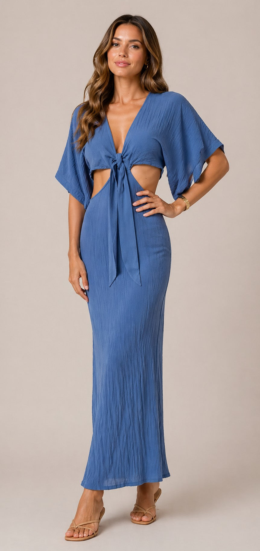 Women’s V-Neck Tie Front Cut-Out Maxi Dress